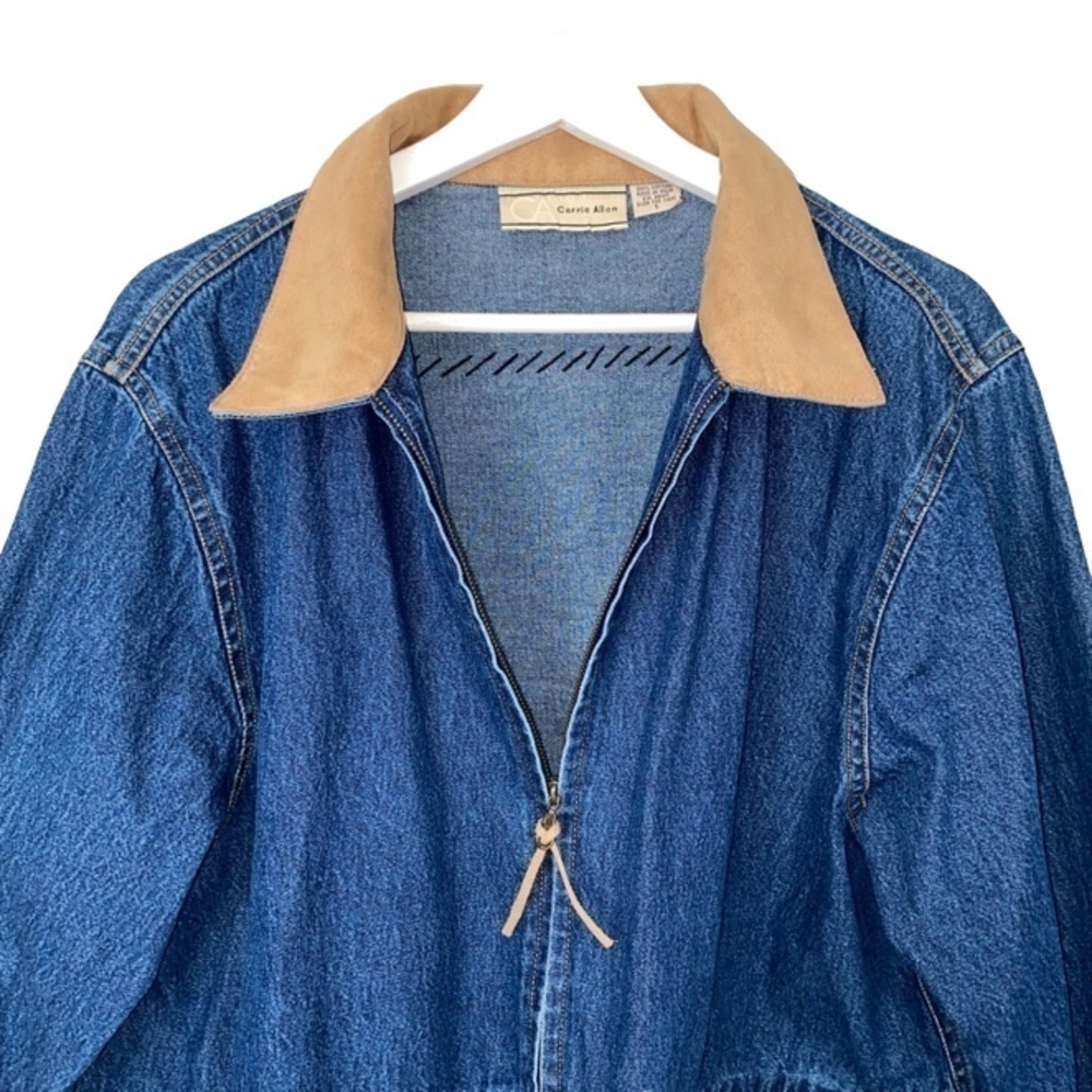 CARRIE ALLEN Denim Jacket Vintage Beaded Suede Long Sleeve Blue/Tan Women Size L - Picture 4 of 14